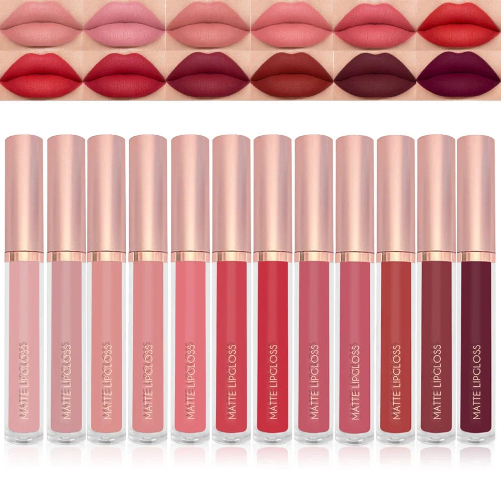 Blushimmer 12-color creamy matte lip gloss set with vibrant nude, berry, and rose shades, long-lasting and moisturizing lipstick.