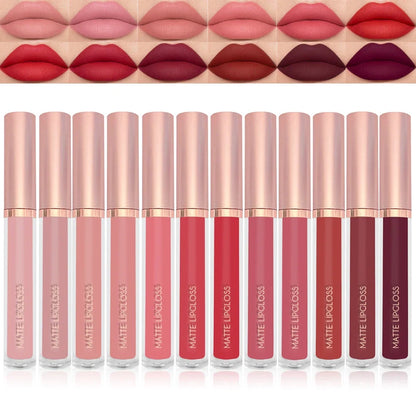 Blushimmer 12-color creamy matte lip gloss set with vibrant nude, berry, and rose shades, long-lasting and moisturizing lipstick.