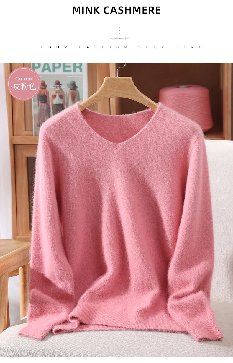Autumn And Winter New High-End Female Mink Cashmere Sweater Solid Color Long-Sleeved Wool Knit Bottoming Sweater Loose Top