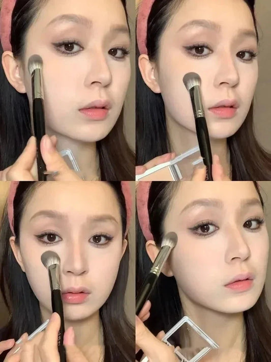 Peach heart-shaped blusher brush by Blushimmer, small flat makeup tool for powder, cream, and liquid blush application.