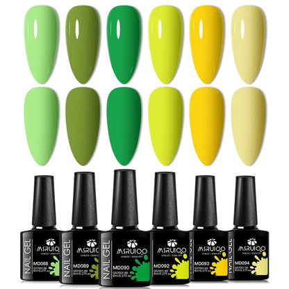 Blushimmer 6-piece nail gel polish set with vibrant, semi-permanent UV gel for all-season manicures and nail art.