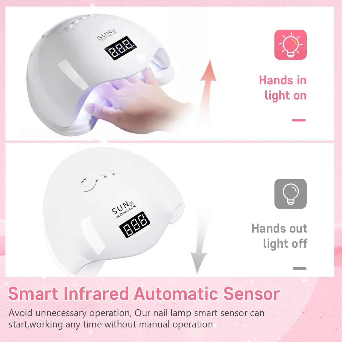 Blushimmer SUN5 UV LED Nail Lamp with 48W power, LCD display, automatic sensor, for gel nail polish curing.