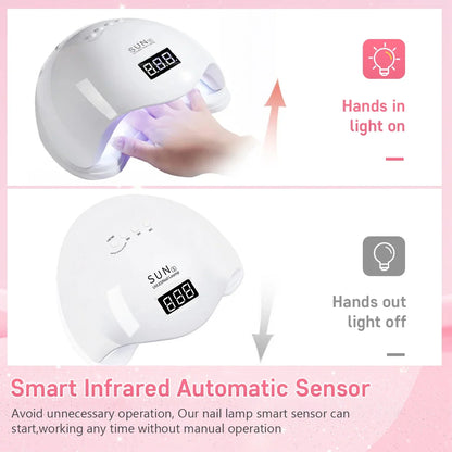 Blushimmer SUN5 UV LED Nail Lamp with 48W power, LCD display, automatic sensor, for gel nail polish curing.