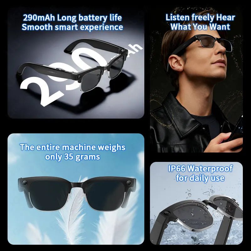 Smart Glasses AI 8 Million Pixels Recording Videos Photo Recognition Answer Translation 290mAh IP66 Waterproof Bluetooth Glasses