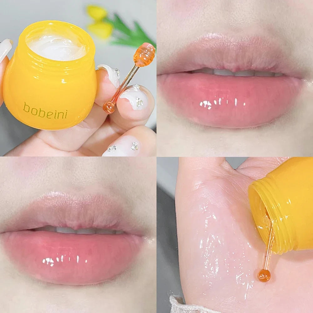 Blushimmer Hydrating Peach & Honey Lip Mask in a jar, showing a smooth, glossy lip treatment for moisture and soothing dry lips.