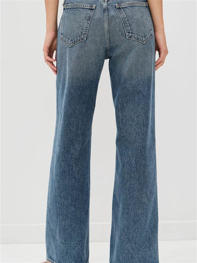 Women Denim Pants Waiveless Design Loose Lady Slightly Flared Straight Long Jeans 2025 Autumn
