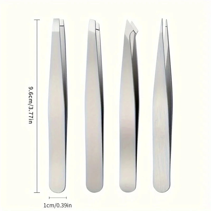 Set of four stainless steel Blushimmer professional tweezers with angled tips for eyebrow grooming, beard plucking, and hair removal.