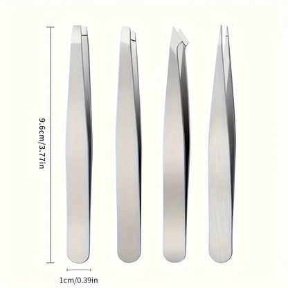 Set of four stainless steel Blushimmer professional tweezers with angled tips for eyebrow grooming, beard plucking, and hair removal.