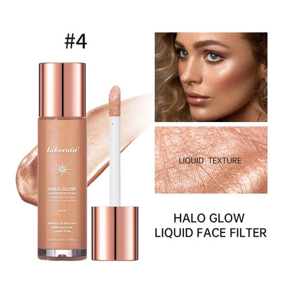 Blushimmer Halo Glow Liquid Highlighter with pearlescent finish, contour and brighten face and body for radiant glow.