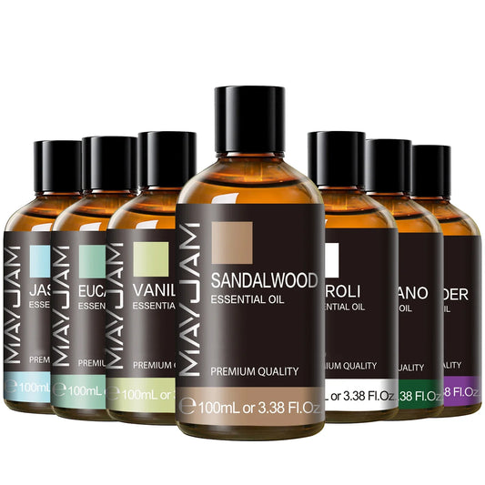 Blushimmer sandalwood, lavender, eucalyptus, and vanilla essential oil in a 100ml bottle with dropper for aromatherapy and diffusers.