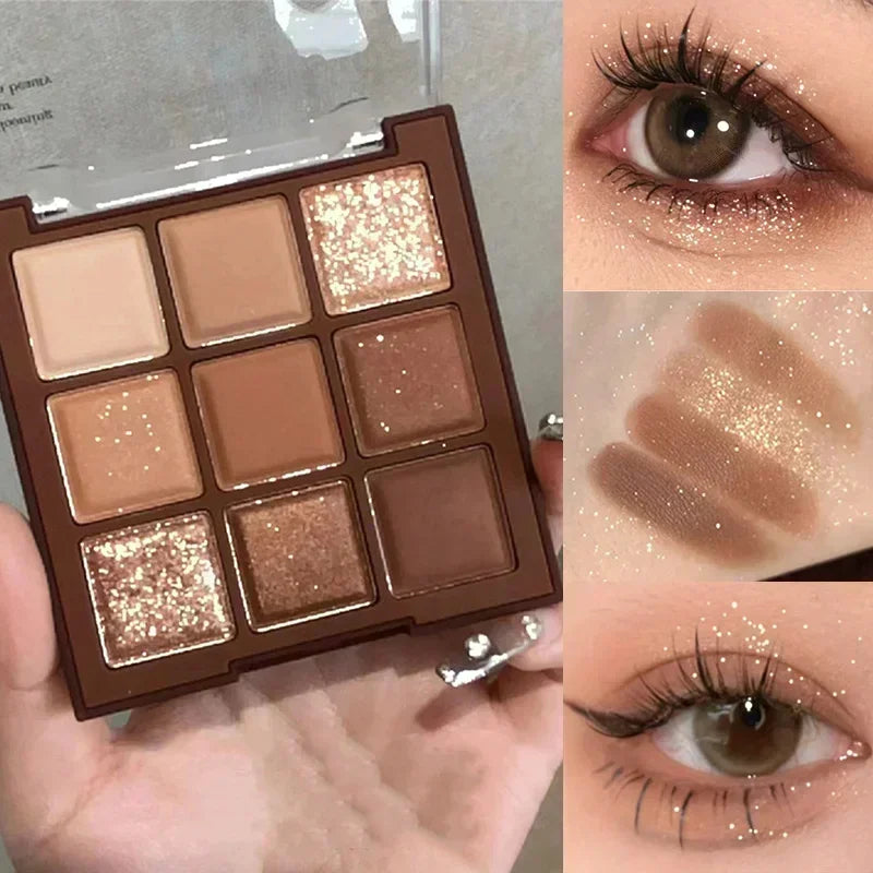 Blushimmer 9-color chocolate eyeshadow palette with pearly matte and shiny sequin finishes, featuring earth tones for versatile makeup.