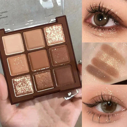 Blushimmer 9-color chocolate eyeshadow palette with pearly matte and shiny sequin finishes, featuring earth tones for versatile makeup.