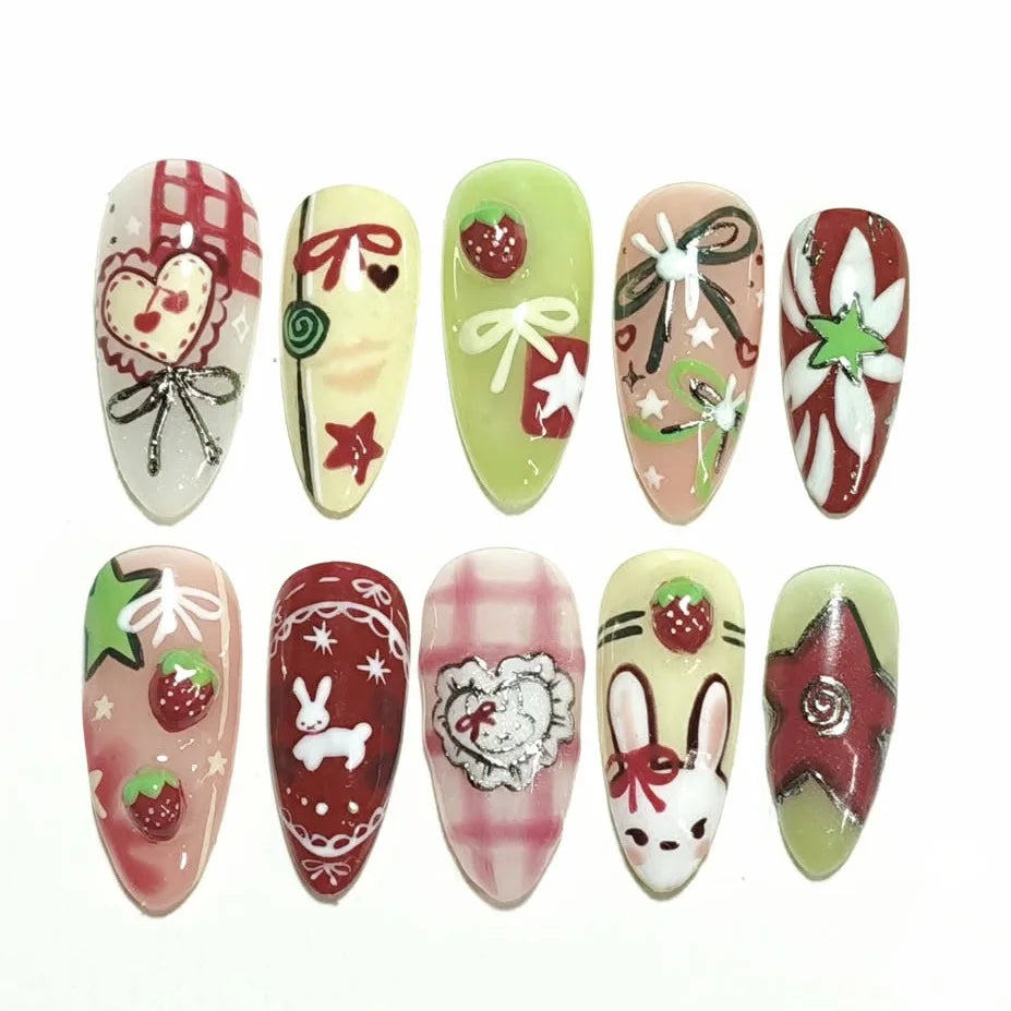 Set of 24 Blushimmer wine red almond press-on nails with cartoon rabbit bowknot, plaid, pearl accents, and French style for girls.