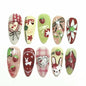 Set of 24 Blushimmer wine red almond press-on nails with cartoon rabbit bowknot, plaid, pearl accents, and French style for girls.