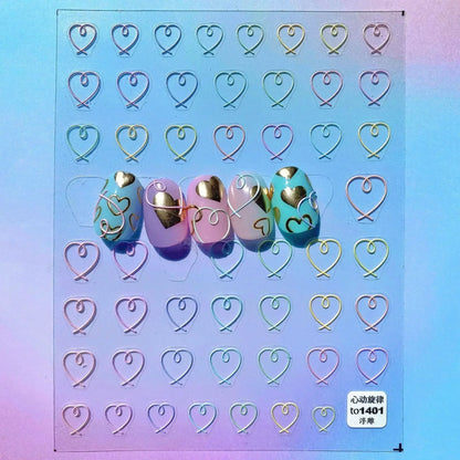 Colorful Cat's Eye 5D Gradient European Love Heart Gem nail art stickers featuring geometric wing crystals for manicure decoration.