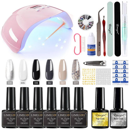 Blushimmer Limegirl nail set with UV gel polish, 54W nail lamp, nail drill, and 18/12/7 color gel polish in a comprehensive nail tools kit.