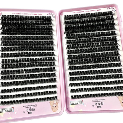 Blushimmer 570/640pcs cluster eyelash extensions with thick, fluffy 30D/100D mix lengths for DIY lash application, shown in the image.