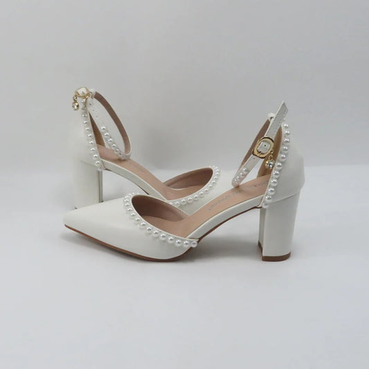BaoYaFang Bridal wedding shoes Women Thin Heel Pointed Toe Pearl Female Ladies Party Shoe Ankle Strap Buckle Autumn Ladies Shoe