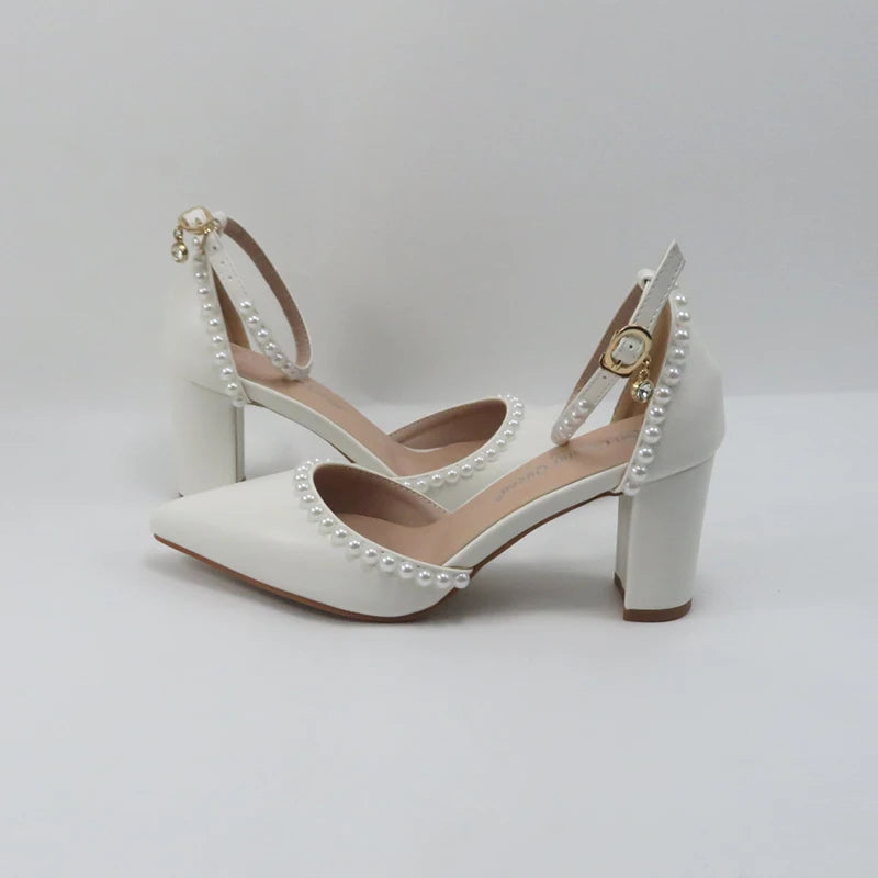 BaoYaFang Bridal wedding shoes Women Thin Heel Pointed Toe Pearl Female Ladies Party Shoe Ankle Strap Buckle Autumn Ladies Shoe