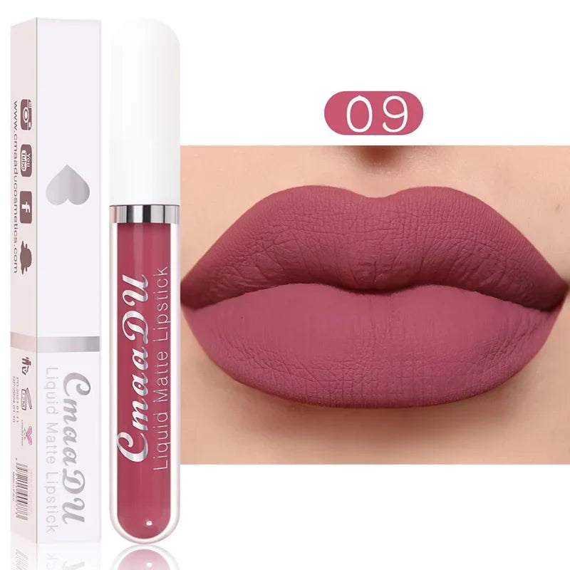 Blushimmer long-lasting red velvet matte liquid lipstick with waterproof, nonstick formula, showcasing a sleek lip makeup look.