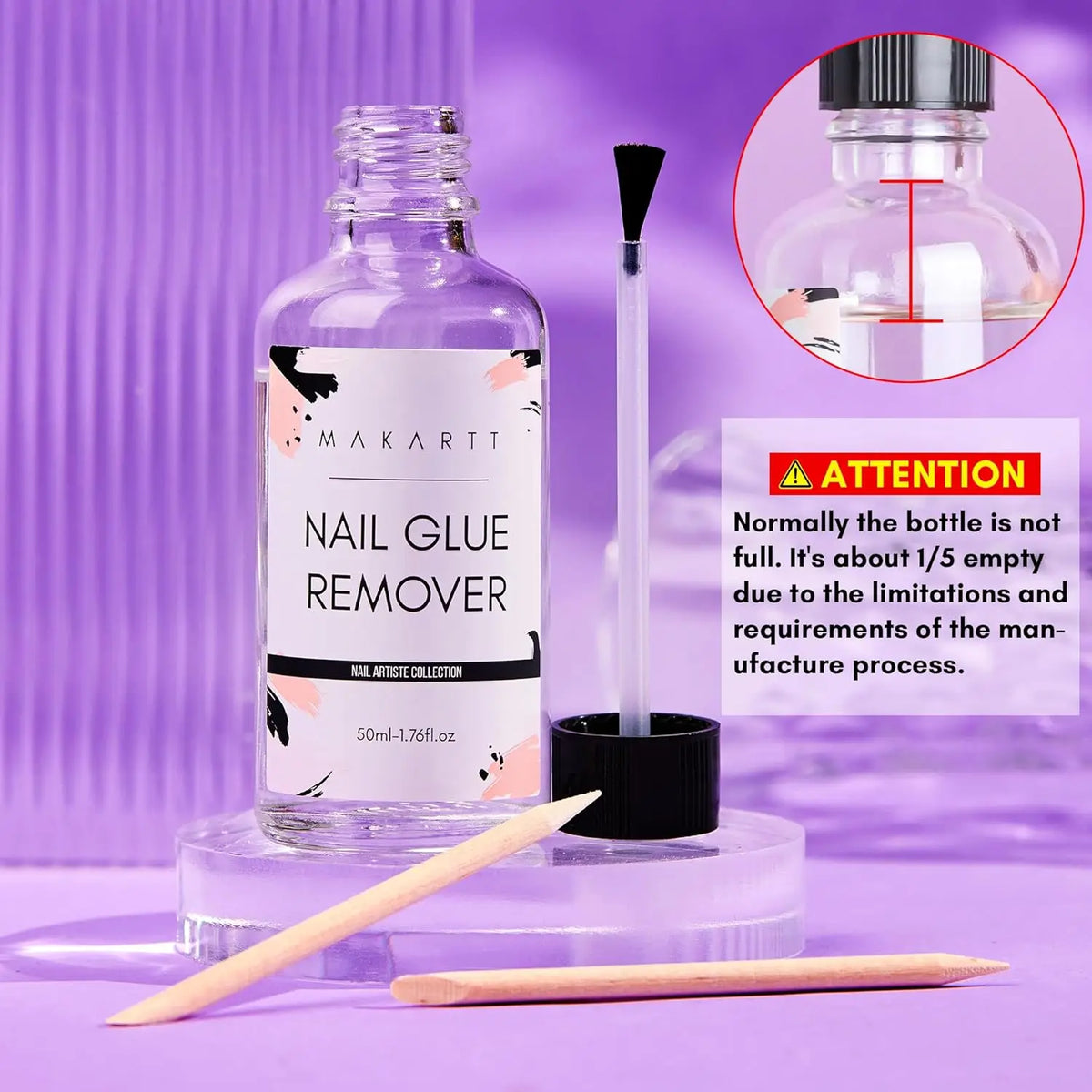 Blushimmer Nail Glue Remover for false nails, showing a clear bottle of Makartt Glue Off nail adhesive remover.