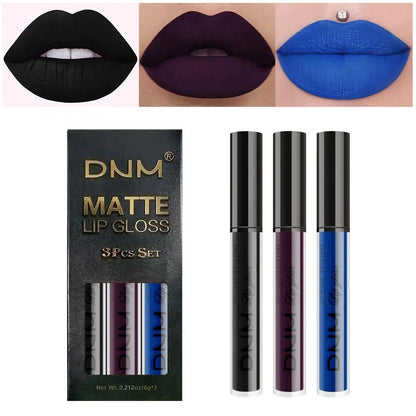 Set of three waterproof liquid lipsticks by Blushimmer in red, blue, purple, and nude shades with matte finish and long-lasting formula.
