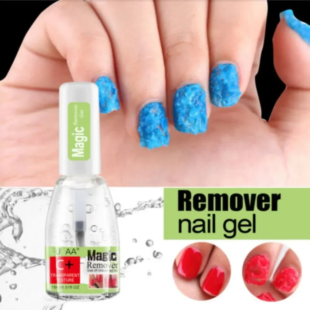 Blushimmer Magic Remover Gel 15ml for fast soak-off UV LED nail polish removal, with manicure cleaning tools.