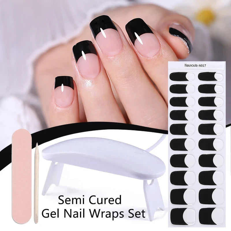 Blushimmer Harunouta 4-piece set of gradient jelly semi-cured gel nail strips with nude pink waterproof design and nail lamp.