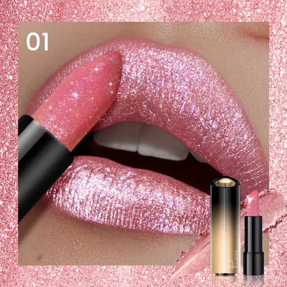 Blushimmer metallic shimmer lipstick with pearly glitter shine, creamy texture, and high color payoff for party makeup.
