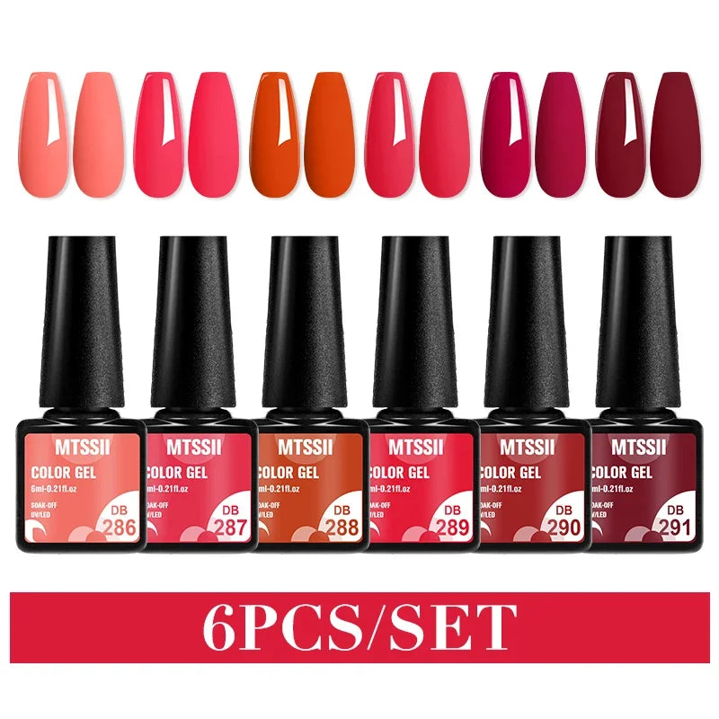 Blushimmer MTSSII 6-pack sparkly red gel nail polish set with shiny finish, ideal for LED UV nail art and manicure supplies.