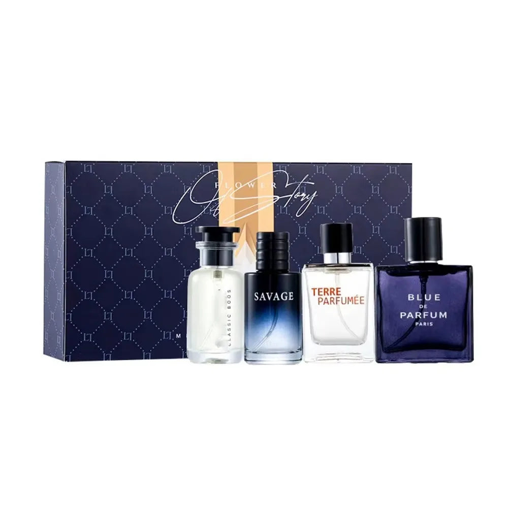 Blushimmer luxury men's perfume cologne gift set with four 100ml floral fruity scents in elegant bottles displayed in a box.