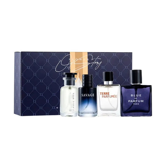 Blushimmer luxury men's perfume cologne gift set with four 100ml floral fruity scents in elegant bottles displayed in a box.