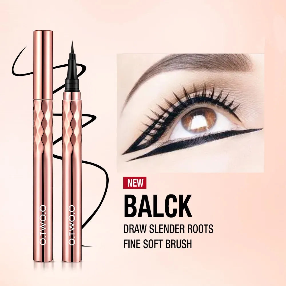 Blushimmer O.TWO.O Slim Liquid Eyeliner in black, waterproof formula, shown with precise application on eyelids.