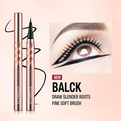 Blushimmer O.TWO.O Slim Liquid Eyeliner in black, waterproof formula, shown with precise application on eyelids.