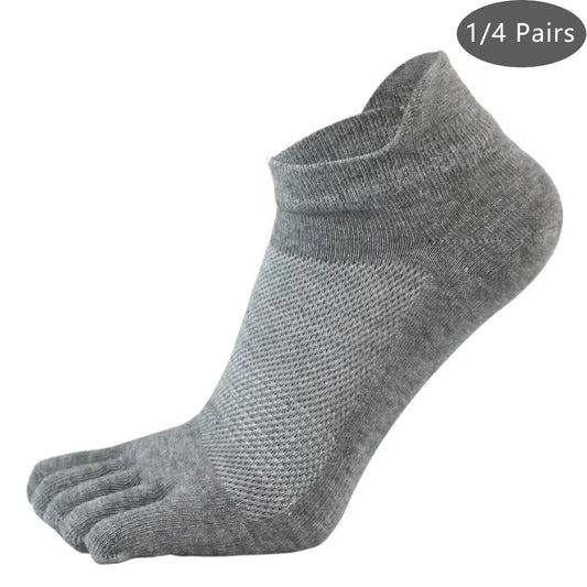 Pair of men's 5-finger cotton boat socks with breathable mesh, solid color, compression fit, and sweat-absorbing material.