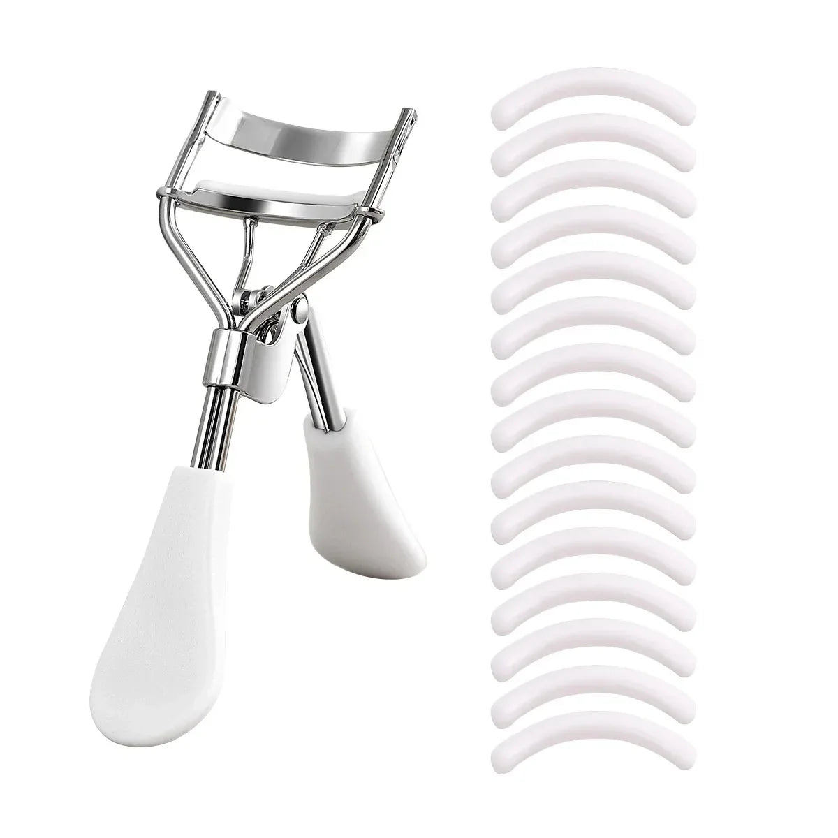Blushimmer portable eyelash curler with 15 silicone pads and stainless steel construction for eyelash extension and curling.