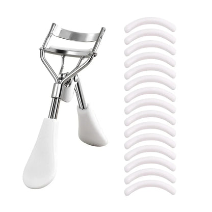 Blushimmer portable eyelash curler with 15 silicone pads and stainless steel construction for eyelash extension and curling.