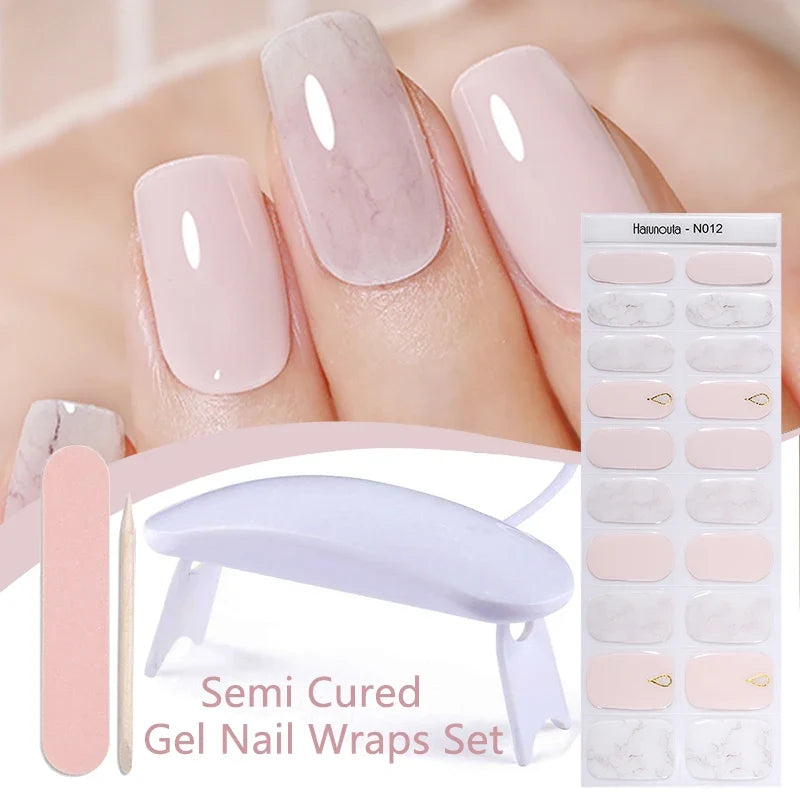 Blushimmer Harunouta 4-piece gradient jelly semi-cured gel nail strips in nude pink with waterproof, long-lasting design and matching nail lamp