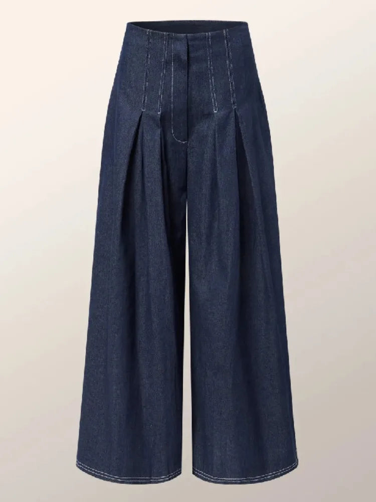 Women's Dark Blue High Waist Pleated Wide Leg Jeans 2026 Spring New Retro Workwear Streetwear Jeans Loose Fit Casual Trousers