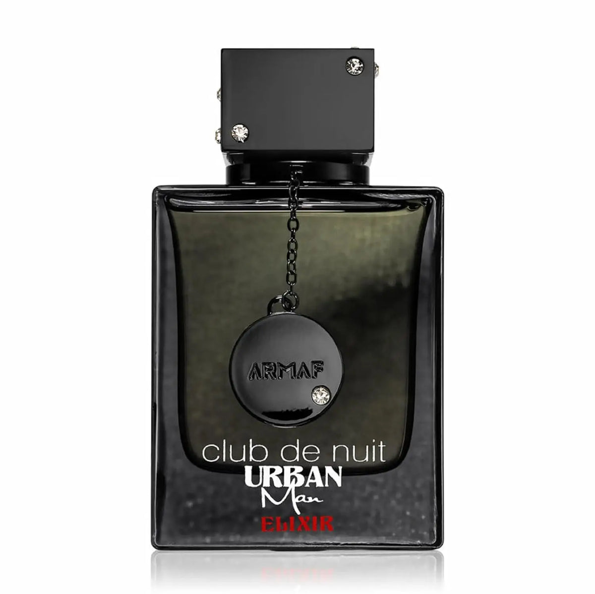 Armaf Club De Nuit Urban Man Elixir men's perfume spray in 3.6oz bottle, elegant fragrance bottle with black and silver design