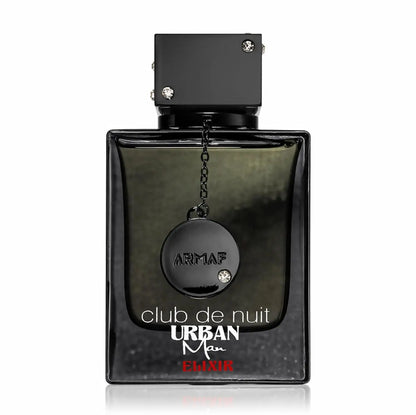 Armaf Club De Nuit Urban Man Elixir men's perfume spray in 3.6oz bottle, elegant fragrance bottle with black and silver design