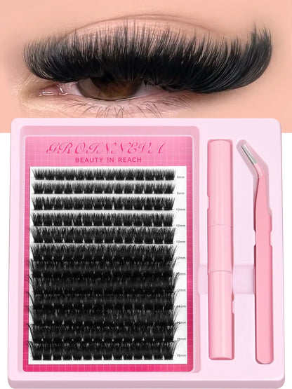 Blushimmer lash clusters kit with fluffy C curl individual eyelash extensions in 10-18mm, including lash bond and seal for DIY lash extensions.