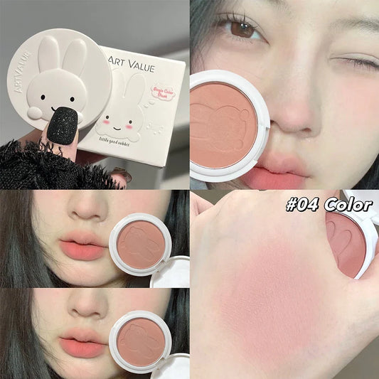 Blushimmer monochrome blush palette with matte peach and rose shades, featuring cute bunny design for natural face contouring and cheek tint.
