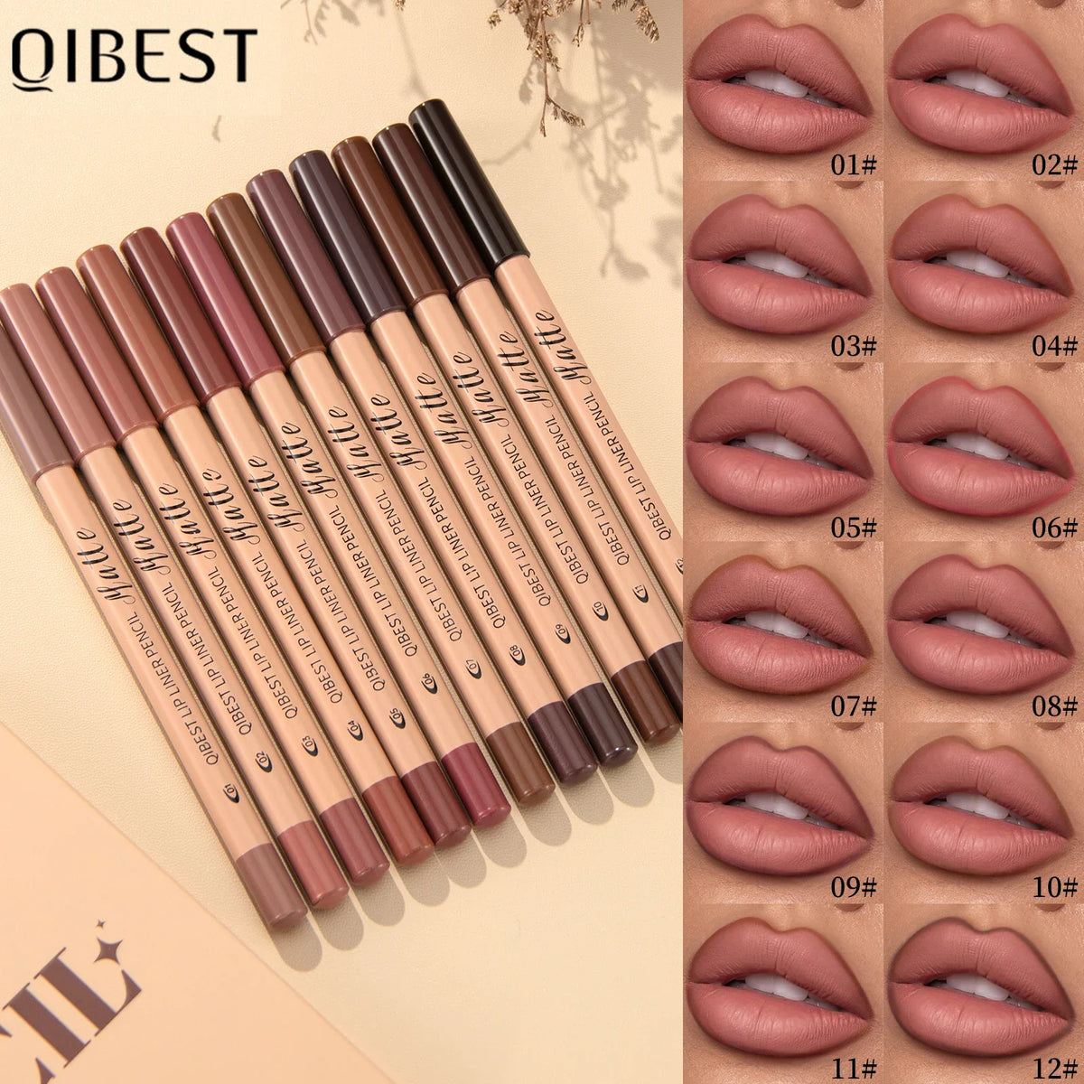 Blushimmer 12-color matte lipstick and lip liner set with nude shades, waterproof, non-drying, and plumping for lip contour makeup.