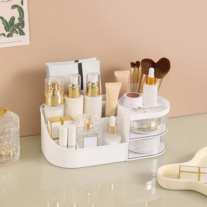 Blushimmer makeup storage box with compartments for cosmetics, jewelry, nail polish, and small dorm room essentials on desktop