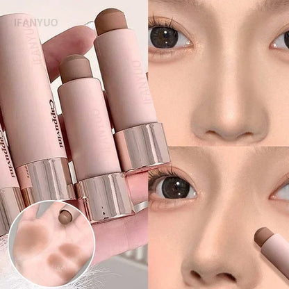 Gray and brown Blushimmer bronzer contouring stick with waterproof, creamy texture for face contouring and concealing.
