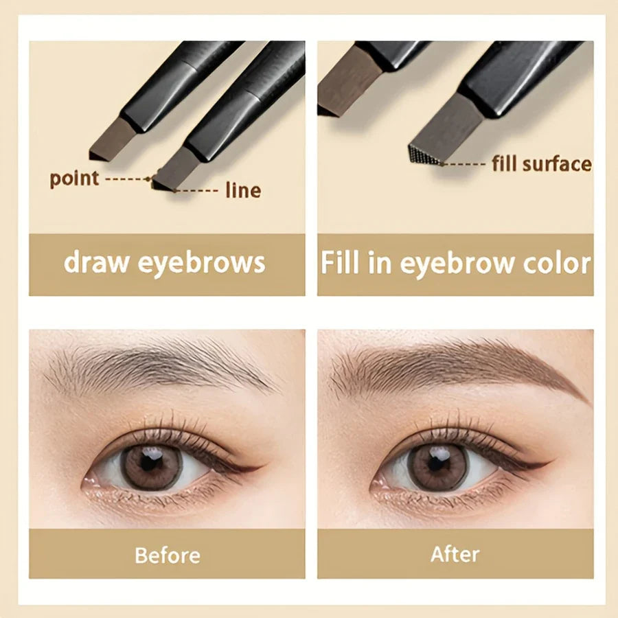 Waterproof matte brown eyebrow pencil with brush by Blushimmer, showcasing the pencil tip and integrated spoolie for shaping eyebrows.