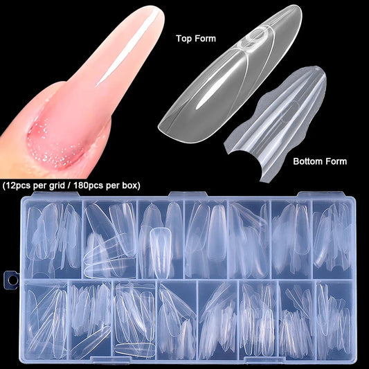 Box of 180 Blushimmer dual nail forms in 15 sizes, long coffin and almond shapes for manicure extension and nail art.