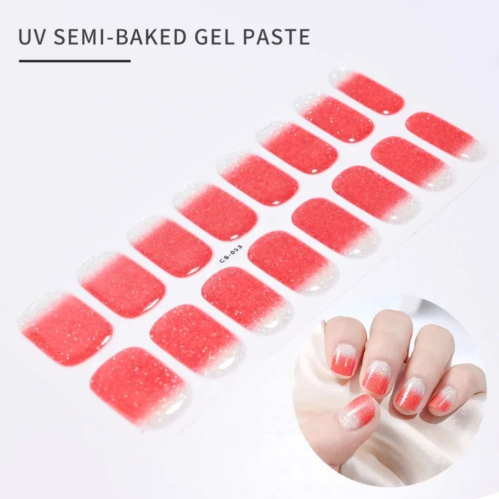 Blushimmer 16Tips glitter semi-cured UV gel stickers with 3D French gradient design and shiny glitter powder for nail art.