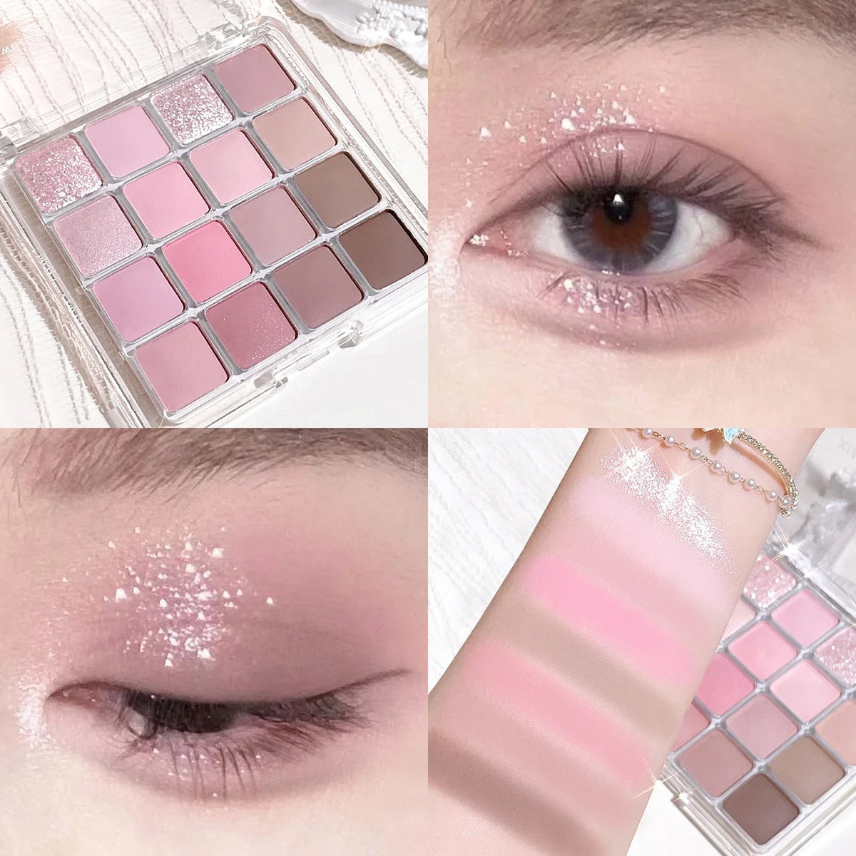 Sixteen-color sunset magic eye shadow palette by Blushimmer featuring pearl and matte earth tones for Korean makeup looks.